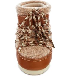 Leather, knitted, brand logo, multicolor pattern, internal padding, laces, round toeline, flat, pebbled sole, contains non-textile parts of animal origin Neutral Summer Outfits, Lace Up Boots Women, Chloe Boots, Mountain Aesthetic, Leather Snow Boots, Moon Boot, Tan Woman, Moon Boots, Wedge Sneaker