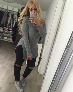 Outfits For New Years Eve, Grey Knitwear, Split Sweater, Long Knit Sweater, Solid Color Sweater, Jenner Outfits, Long Sweater, Gray Sweater, Fall Winter Outfits