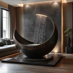 a large fountain in the middle of a living room