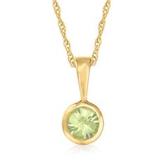 Ross-Simons - .24 Carat Peridot Pendant Necklace in 14kt Yellow Gold. 20". RS Pure. Modern designs that complete your outfit and complement your personality. Serene and simple, this dainty necklace features a .24 carat peridot pendant on a small rope chain. Springring clasp, peridot pendant necklace. Peridot birthstones are the perfect gift for August birthdays. Classic Yellow Gold May Birthstone Necklace, Round Cut Peridot Jewelry In Yellow Gold, Classic May Birthstone Necklace, Formal Yellow Gold Peridot Necklaces, Formal Yellow Gold Peridot Necklace, Classic Gold Peridot Jewelry, Classic Gold Jewelry With Peridot, Elegant Gold Peridot Birthstone Necklace, Classic Green Birthstone Necklace For Formal Occasions