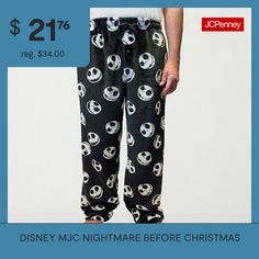 Prep for bedtime in these fun, cozy Nightmare Before Christmas graphic pajama pants for men. Made from a super-soft and warm printed fleece, they have a comfortable elastic-drawstring waist, a button-fly and side pockets. Team it with your favorite pajama top or t-shirt. Features: Button FlyCharacter: Nightmare Before ChristmasClosure Type: Full Elastic, DrawstringPockets: 2 Side Slip PocketsApparel Length: 49.75 InchesFiber Content: 100% PolyesterFabric Description: FleeceInseam: 32 InCare: Ma… Fleece Pajama Pants, Christmas Graphic, Mens Fleece, Pajama Top, Pants Color, Nightmare Before, Pants Black, Nightmare Before Christmas, Before Christmas