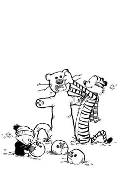 black and white drawing of two teddy bears playing with their babies in the snow while another bear looks on