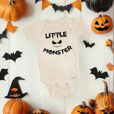 Little Monster Baby Onesie®, First Halloween Baby Bodysuit, Gifts for Baby, Gender- Neutral Baby Clothing, Halloween Baby Onesie® ✷ GARMENT ✷ Baby Bodysuit: We use Cotton Gerber Onesies® Brand -100% cotton rib -Machine wash & dry -Expandable lap shoulder neckline -Comfortable ribbed leg opening -Higher in-the-front bottom snap closure. ONESIES® Brand trademark is owned by Gerber Childrenswear LLC Note: Different brands may be substituted for Gerber® in case of manufacturing shortages. Toddler Sh Cute Cotton Halloween Bodysuit, Cute Halloween Onesie For Playtime, Fitted Halloween Onesie For Playtime, Fitted Onesie For Halloween Playtime, Cute White Halloween Onesie, Halloween Cotton Onesie For Playtime, Halloween Playtime Cotton Onesie, Cute White Bodysuit For Halloween, Gifts For Baby