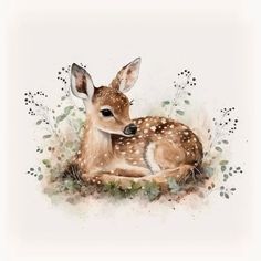 a watercolor painting of a deer laying down in the grass with flowers around it