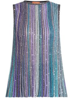 multicolour metallic threading fully pleated sequin embellishment vertical stripe pattern crew neck sleeveless straight hem The item you receive may differ slightly from the item photographed. This is due to the artisanal nature with which all Missoni products are constructed. This item is in size 44 and the color is Blue Sequin Embellishment, Pleated Top, Pleat Top, Sequin Tank, Sequin Tank Tops, Striped Tank Top, Striped Tank, Sweaters Knitwear, Emilio Pucci