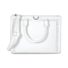 This stylish and versatile white leather bag packs a lot into a small package. With two exterior pockets, four interior pockets, and a keyholder, you'll be able to easily store and protect all of your essentials. The bag measures 13" wide, 9 1/2" high, and 4" deep, with a total weight of 3.23 lbs, and comes with both a 5" handle and an adjustable 15" – 30" strap. A ziptop closure keeps all your items secure and the cotton lining ensures lasting durability. White Leather Bag, Bag Packs, Burlap Tote, Work Essentials, Leather Conditioner, Colored Leather, Garden Tote, Bagpack, Unique Charms