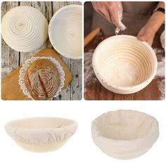 three pictures showing the process of making bread in different stages of being made into bowls