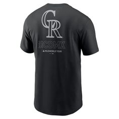 The Men's Nike Black Colorado Rockies 2024 MLB World Tour Mexico City Series T-shirt is a must-have for true Colorado Rockies fans. This stylish tee features a crew neck and screen-printed graphics that proudly display your allegiance to the Rockies. Made from soft cotton, this shirt offers all-day comfort, whether you're cheering at the stadium or showing support around town. Machine wash, tumble dry low Material: 100% Cotton Crew neck Screen print graphics Brand: Nike Short sleeve Officially l Nike Fan Apparel T-shirt For Streetwear, Nike Fan Apparel Tops For Streetwear, Nike T-shirt For Streetwear Fan Apparel, Nike Urban T-shirt With Graphic Print, Nike Urban Style T-shirt With Graphic Print, Urban Band Logo T-shirt For Fans, Urban Band Logo T-shirt For Fan Gear, Urban Band Logo T-shirt For Fan Merchandise, Urban Style T-shirt With Band Logo