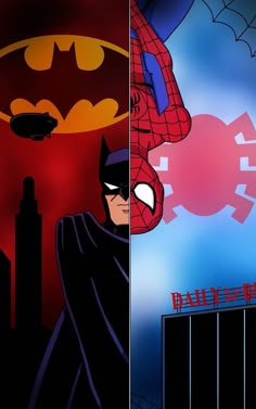 the animated batman and spider - man are depicted in two different scenes