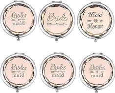 four round mirrors with brides maid written on the front and side, each in different colors