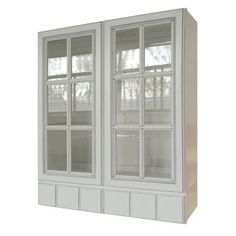 a white cabinet with three glass doors on the top and bottom, against a white background