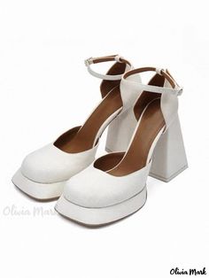 Olivia Mark - Yushuxin White High Heels with Chunky Heels, Waterproof Platform, and Vintage Mary Jane Design Rough Heels, White High Heels, Genuine Leather Sandals, Elegant Heels, Black Platform Heels, Platform Mary Janes, Super High Heels, Thick Heel, Open Toe Sandals