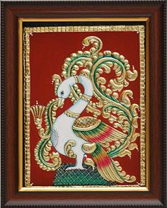 an intricately painted painting with gold and red accents on a red background, framed in wood