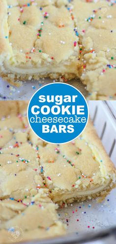 sugar cookie cheesecake bars with sprinkles on top