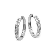 Add shine to any outfit  no matter the occasion  with these gorgeous hoop earrings. They feature natural diamonds in a sleek and secure 14-karat white gold channel setting. Timeless Diamond Channel Set Earrings, Classic Diamond Earrings With Channel Set, Channel Set Hoop Diamond Earrings For Anniversary, Classic Small Hoop Diamond Earrings With Halo Design, Wedding Hoop Diamond Earrings Channel Set, Wedding Hoop Earrings With Channel Set In Diamond White, Classic Diamond Hoop Earrings Channel Set, Diamond White Channel Set Round Cut Earrings, Formal Small Hoop Diamond Earrings Channel Set