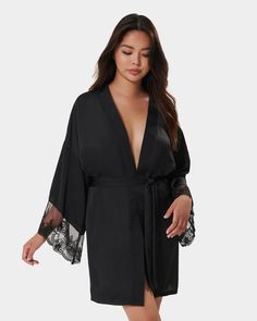 Elegant Loungewear, Black Kimono, Satin Kimono, Women's Robe, Night Wear, Polyester Satin, Black Laces, Lingerie Set, Black Lace