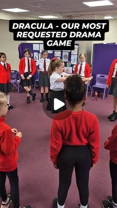 a group of children in school uniforms standing around each other with the caption dracula our most requested drama game