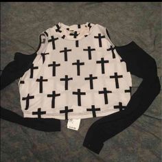 Black Cross Dressy Blouse With Sheer Black Sleeves And Open Shoulders Nwot White Stretch Edgy Crop Top, Edgy White Stretch Crop Top, White Edgy Crop Top For Spring, Edgy White Crop Top, Black Crop Top For Spring, Kawaii Fairy, Pastel Kawaii, Cross Shirts, Black Sleeves