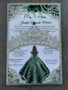 Beautiful Emerald Green and Silver Princess Invitation/quinceañeras/sweet16/weddings/birthdays - Etsy Green And Silver Quinceanera Theme, Emerald Green And Silver, Cinderella Invitations, Princess Invitation, Winter Invitations, Quince Invitations