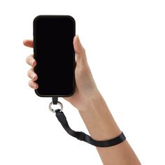 a person holding up a cell phone with a lanyard around their neck and wrist