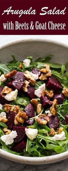 a salad with beets and goat cheese in a bowl