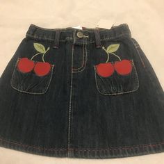 Nwt Gymboree Cherry Cute Skirt 4t 4 Birthdays Rare Brand New With Tags From Vintage Gymborees Spring Summer Line Cherry Cute Large Cherry Cherries Applique On The Pockets Of This Sweet Denim Blue Jean Pull On Skirt For Girls - Elastic Waist Not Adjustable. Perfect For Weddings Birthday Party Parties Summer Bbqs July Fourth 4th Red White And Blue Cherry Jeans, Fruit Clothes, Skirt Aesthetic, Patch Pants, Ibiza Outfits, July Fourth, Food Clothes, Black And White Skirt, Cute Skirt