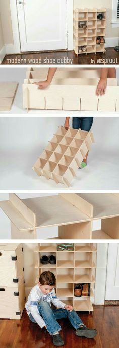 the diy shoe rack is made out of plywood planks and cardboard boxes