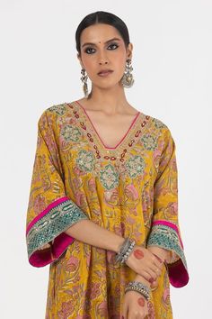 Mustard kaftan styled kurta with floral block print and contrasting thread, sequins embroidered yoke. - Aza Fashions Floral Block Print, Kurta Patterns, Kurta For Women, Kaftan Style, Pant For Women, Floral Pajamas, Embroidery Floral, How To Hem Pants, Kurta With Pants