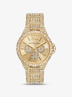 Oversized Raquel Pavé Gold-Tone Watch | Michael Kors Pave Bracelet, Michael Kors Fashion, Rose Gold Watch, Beautiful Watches, Stainless Steel Watch, Luxury Watch, Stone Settings, Michael Kors Watch, Watch Design