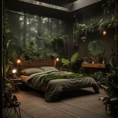 a bed sitting in a bedroom next to a forest filled with green plants and lights