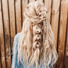 Blonde half up half down messy boho hairstyle with a chunky braid down the back and twists and plaits around the crown Braided Boho Wedding Hair, Dried Flower Bridal Hair, Wedding Hairstyles For Long Hair Boho, Bohieman Hairstyle, Flower Child Hairstyles, Boho Wedding Hair With Flower Crown, Boho Bride Hairstyles Medium Length, Boho Side Braid Wedding Hair, Boho Braids Wedding Hair