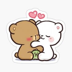 a couple of bears hugging each other with hearts above them sticker on a white background