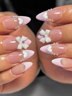 Nude French bow love wearing nail patch fake nails for womengirlsstudentspregnant women detachable Flowers, Pink, White, Design, Art