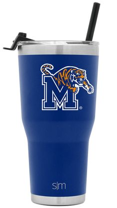 the university of minnesota logo on a blue tumbler cup with a straw in it