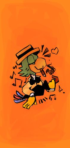 an orange background with a cartoon dog wearing a hat