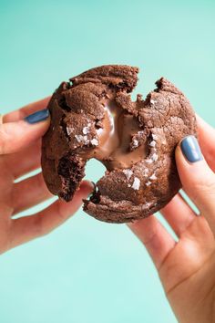 a person holding a chocolate doughnut with white frosting