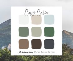 the color palette for gray cabin is shown in front of some trees and mountain tops