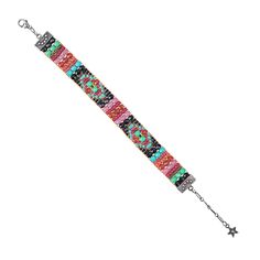 a colorful bracelet with beads and chains on it's end, hanging from a silver chain