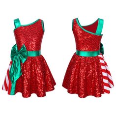 two red and green dresses with bows on the waist, one in sequins