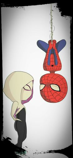 a spiderman hanging from a rope next to another spider man with his eyes closed