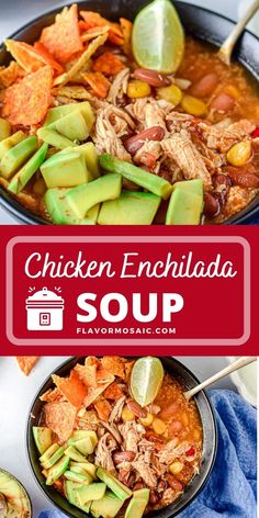 chicken enchilada soup with avocado and tortilla chips on the side