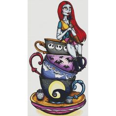 a drawing of a woman sitting on top of a stack of tea cups with skeletons