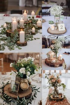 four different pictures of flowers and candles in vases on top of wooden slices with greenery around them