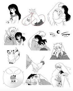 some anime characters with different expressions on their faces and body, all in black and white