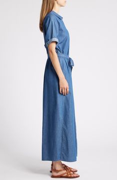 Puff sleeves soften the silhouette of this maxi-length shirtdress cut from nonstretch denim and hugged by an easy waist tie. Front button closure Spread collar Short sleeves Removable tie belt 100% cotton Machine wash, line dry Imported Spring Medium Wash Maxi Length Denim Dress, Spring Workwear Relaxed Fit Maxi Dress, Casual Maxi Dress With Tie Waist For Dress Down, Spring Casual Full-length Maxi Dress, Spring Casual Full Length Maxi Dress, Casual Blue Belted Maxi Dress, Modest Spring Maxi Dress With Pockets, Casual Full Length Maxi Dress For Spring, Chic Short Sleeve Denim Jumpsuit For Spring