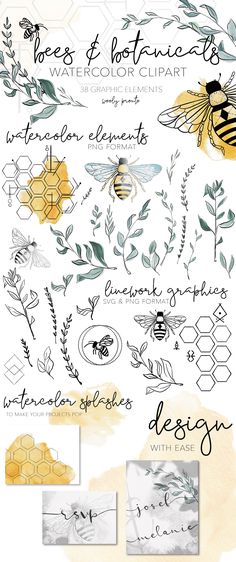 bees and honeybees watercolor clipart set - digital art printables