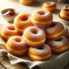 a pile of doughnuts sitting on top of a table next to dipping sauce