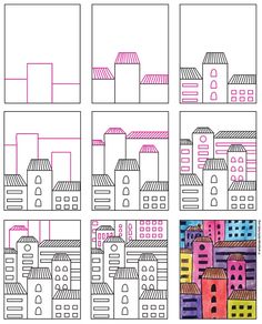 four different buildings are shown with pink and blue lines on the top, bottom, and bottom