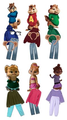 the chipmuns are all dressed up in different outfits