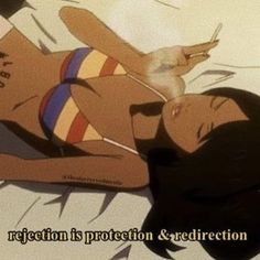 a woman laying on top of a bed next to a cat in a cartoon style